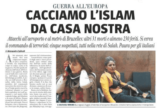 جريدة إيطالية تطالب بطرد المسلمين بعد تفجيرات بروكسيل