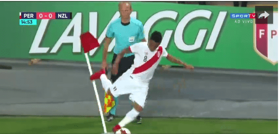 لاعب منتخب بيرو يسدد الراية بدلاً من الكرة-فيديو