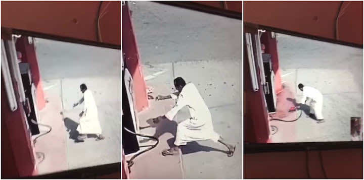مجهول يشعل النار بمحطة وقود ويهرب - فيديو