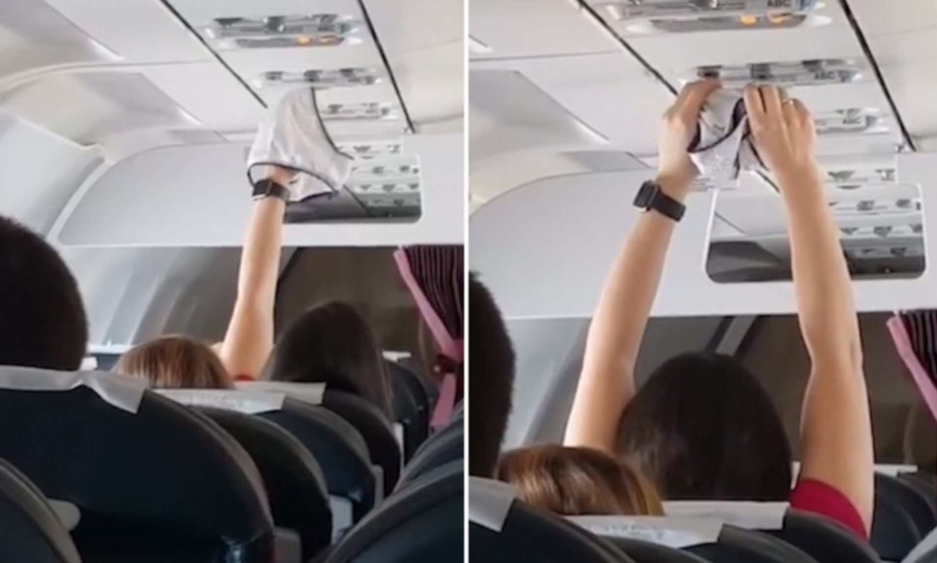 سيدة تجفف ملابسها الداخلية على متن رحلة جوية-فيديو