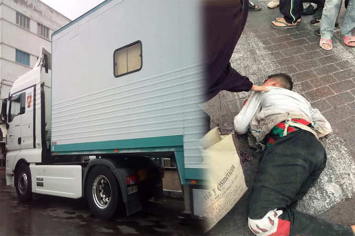 مؤلم.. "حراك" يفقد يده ورجله بعد تسلقه شاحنة للنقل الدولي وسط الناظور ـ صورة