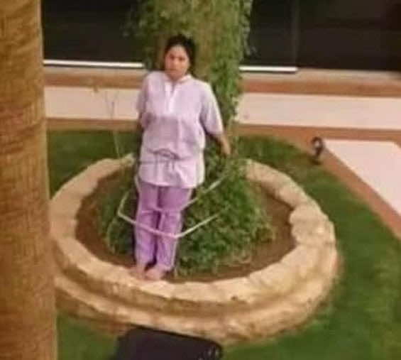 بعد تركها لقطعة أثاث منزلية تحت أشعة الشمس...سعودي يعاقب خادمته بتقييدها في شجرة